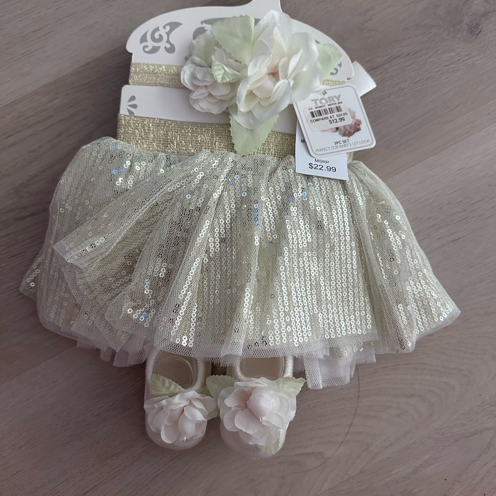 Sparkly Gold Baby Tutu Set with Floral Headband